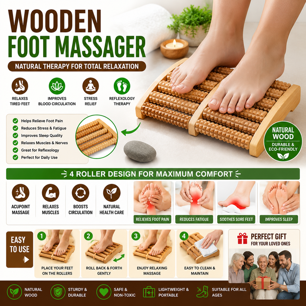 Wooden Foot Massager Roller – Stress Relief Reflexology Tool for Tired Feet & Muscle Relaxation, Natural Wood, Anti-Cellulite Spa Massage Care Tool