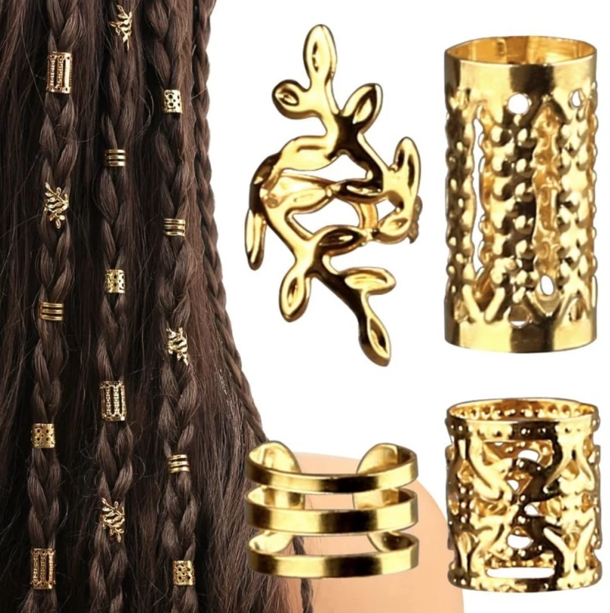 40PCS Hollow Out Hair Ring Gold Headwear Dreadlocks Beads Hair Braid Rings Clips DIY Hair Braid Tubes