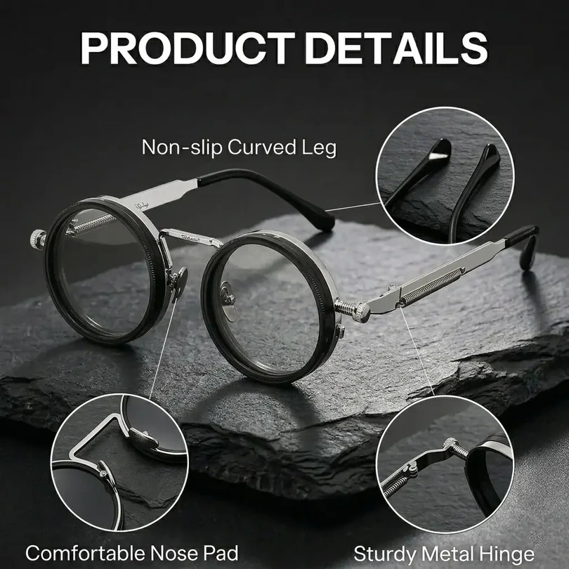 Adjustable Polarized Tint Round Sunglasses for Men Women – 1-9 Gear Control, UV Protection, Classic Round Frame, Lightweight, Driving Glasses, Stylish Eyewear