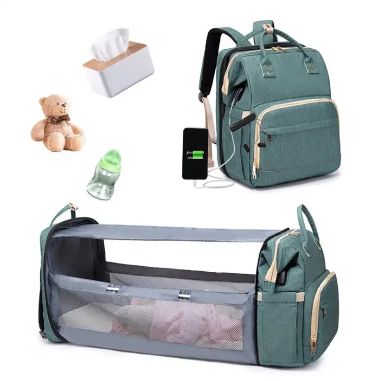 Fashion New Diaper Bags Backpack Multifunctional Foldable Baby Bed Crib Bag Large Capacity Stroller Bag Insulation Nursing USB Port is Included