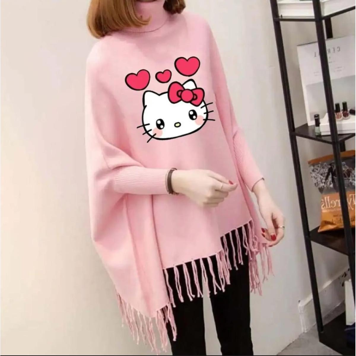 MK Fashion , Women's Korean Style Kitty Printed Winter Fleece Shoal Poncho For Girls