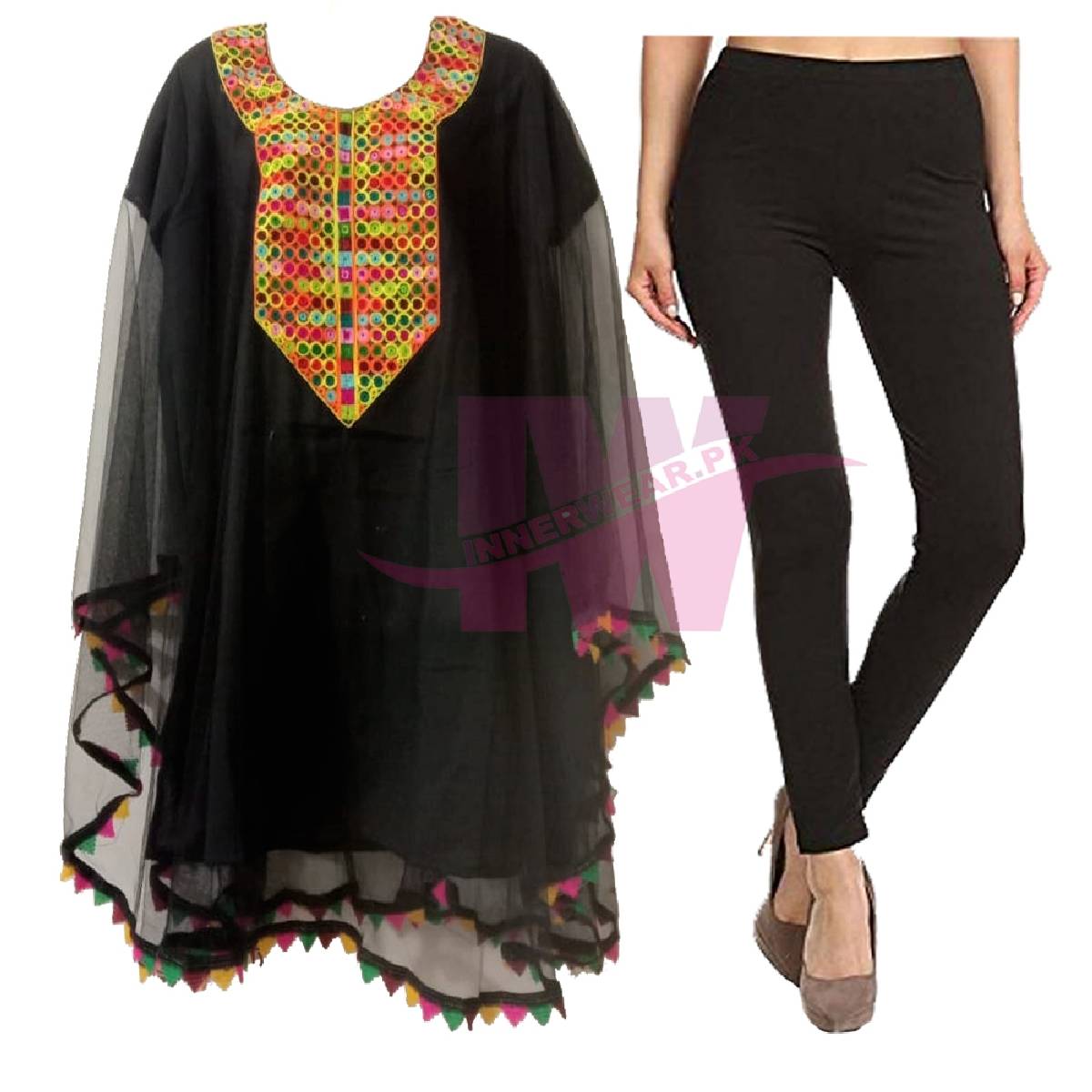 Women Ladies Girls Pure Net Kurti Kaftan Shirt Frock Top Kameez Poncho With Matching Cotton Tights Legging Special Event Eid Dress Party Wear Wedding Wear Free Size