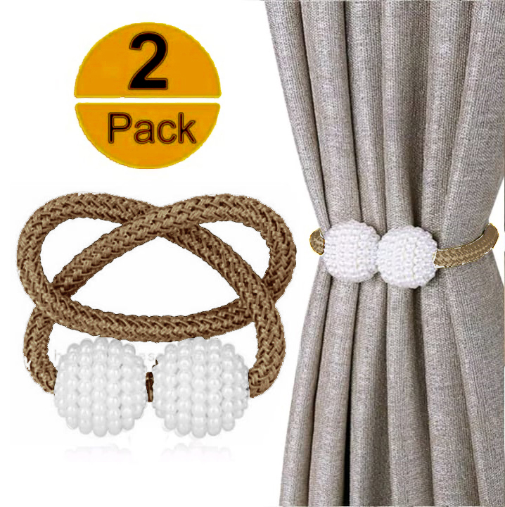 2 PCS Magnetic Pearl Curtain Buckle Magnetic Curtain Tiebacks Convenient Drape Tie European Style Decorative Weave Rope Curtain Rings & Buckles Holder for Window Sheer Blackout Draperies, Braided Straps Ball Buckles,  Parday