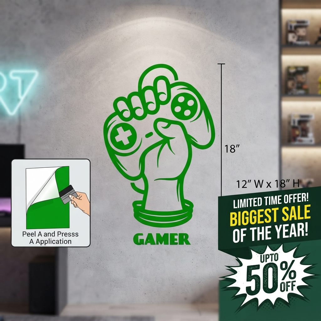 Gamer Hand with Console Wall Sticker PVC Vinyl Decal | Gaming Controller Wall Art | Gamer Room Bedroom Setup Decor | 12 x 18 Inch
