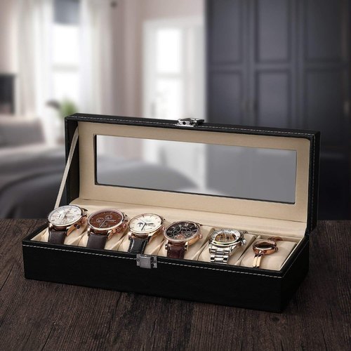Watch Box Organizer for Men PU Leather Storage Case Classic and Luxury Style Black/Brown 6/8/10/12 Grid