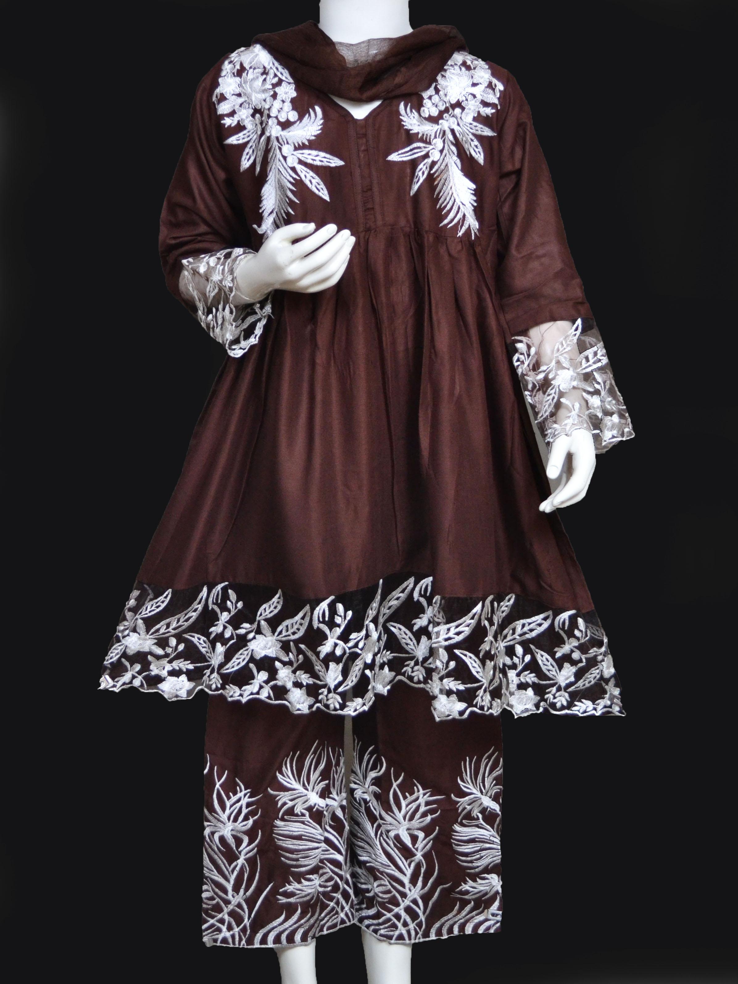 Neatly Embroidered Stitched 3 Pc Dress With Embroidered Sleeves For Daughters: Stitched (4-16 Years Girls ).