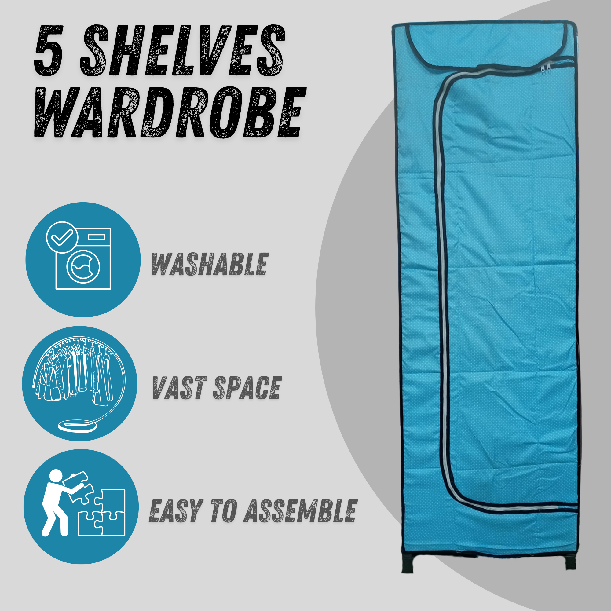 Jumbo 5-Shelf Foldable Plastic Wardrobe/Almari (6 Trays & 20 Sticks)  Portable Storage Organizer with Fabric Dustproof Cover  Easy Assembly