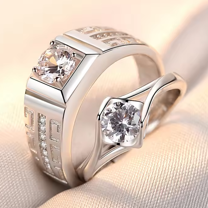 Luxury Couple Rings Women's Heart White Crystal Rhinestones Rings Set Men's CZ Stainless Steel Ring Wedding Engagement Jewelry