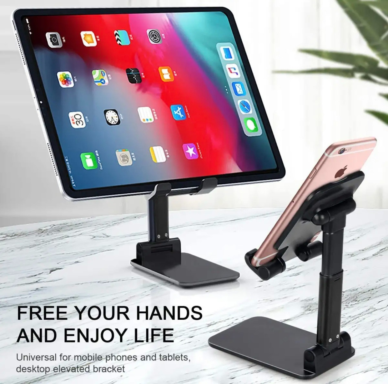 Universal Foldable Desk top Mobile Phone Stand Bracket Holder, Mobile Phone Stand Mount Adjustable Flexible Desktop Smart Phone Tablet Holder Pocket Size Product Easy to Carry for Study and Office Use Compatible with all size Mobiles (Black - White Color)