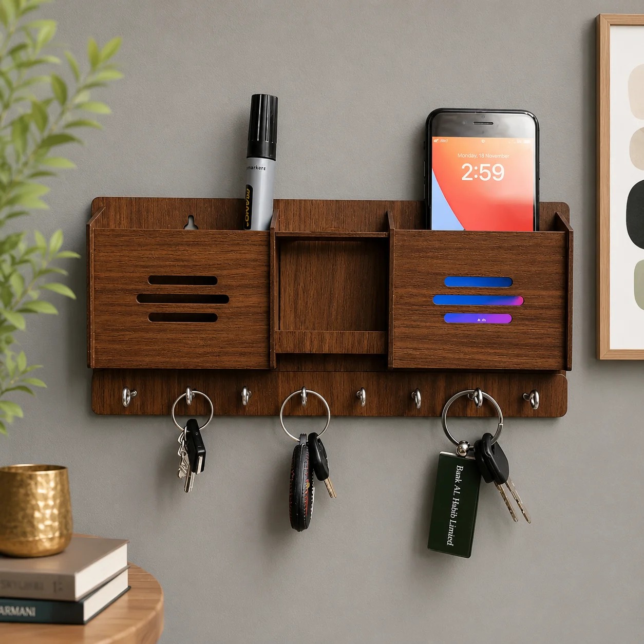 ZII Traders Multipurpose Wooden Wall Hanger | Mobile Charging Stand | Keys Hanging Hooks | Wall Hanging Stand For Keys | Key Hanger on Wall | AC TV Remote Holder | Wall Mounted Key Holder | Double Pocket Key Hanger | Mobile Stand | Mobile Charger Stand