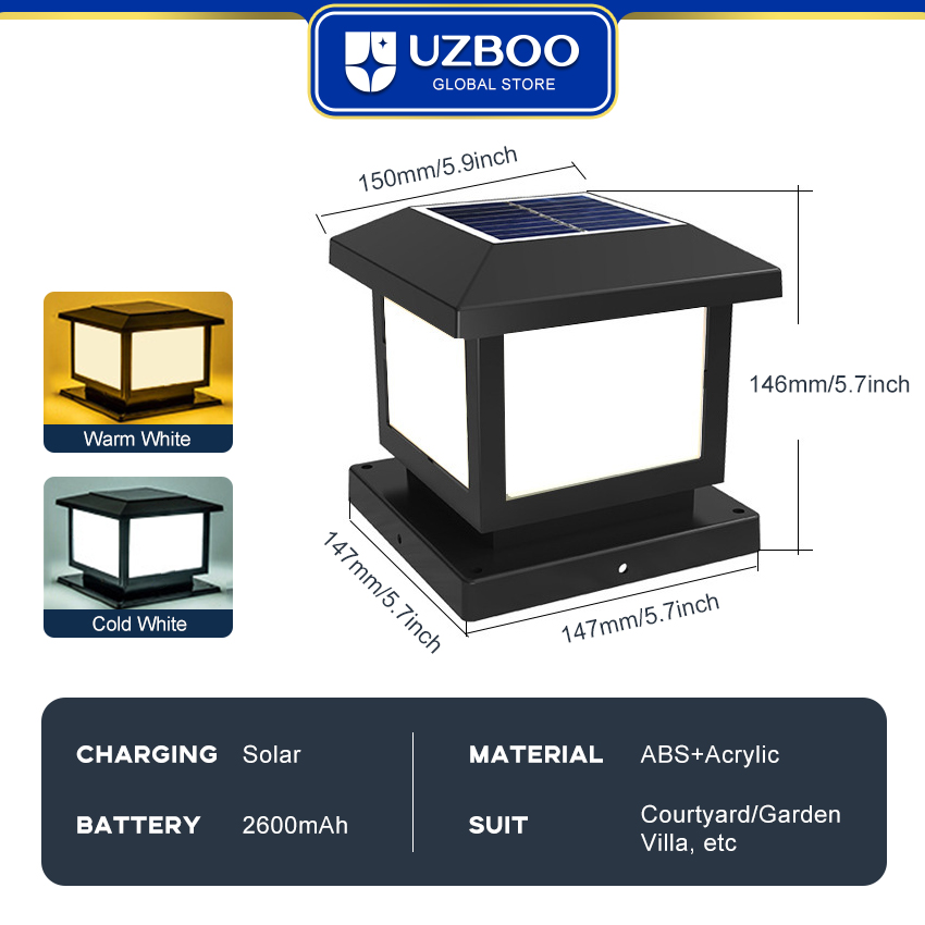 UZBOO Outdoor Pillar Lights Solar Charging IP65 Waterproof Column Lamp