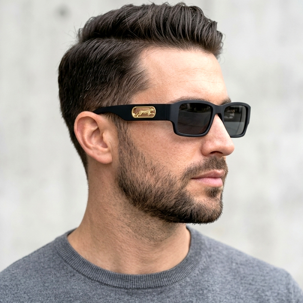 Modern Matte Black Rectangular Sunglasses for Men & Women UV400 Sun Glasses for Sun Light Protection | Stylish Cheetah Decorated ARMs Retro Style Sunglasses