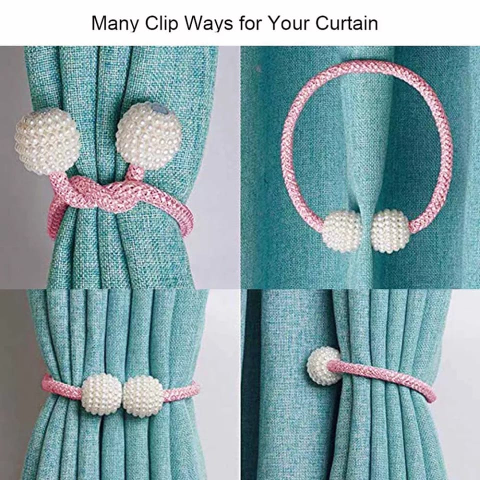 2 PCS Magnetic Pearl Curtain Buckle Magnetic Curtain Tiebacks Convenient Drape Tie European Style Decorative Weave Rope Curtain Rings & Buckles Holder for Window Sheer Blackout Draperies, Braided Straps Ball Buckles,  Parday