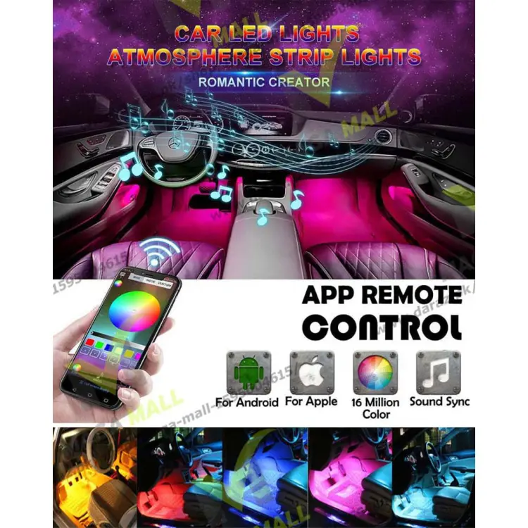 LED Car Interior Lights 4 Pack 48 LEDs Bluetooth App Control Ambient Lights  Multi Color Under Dash Music Strip