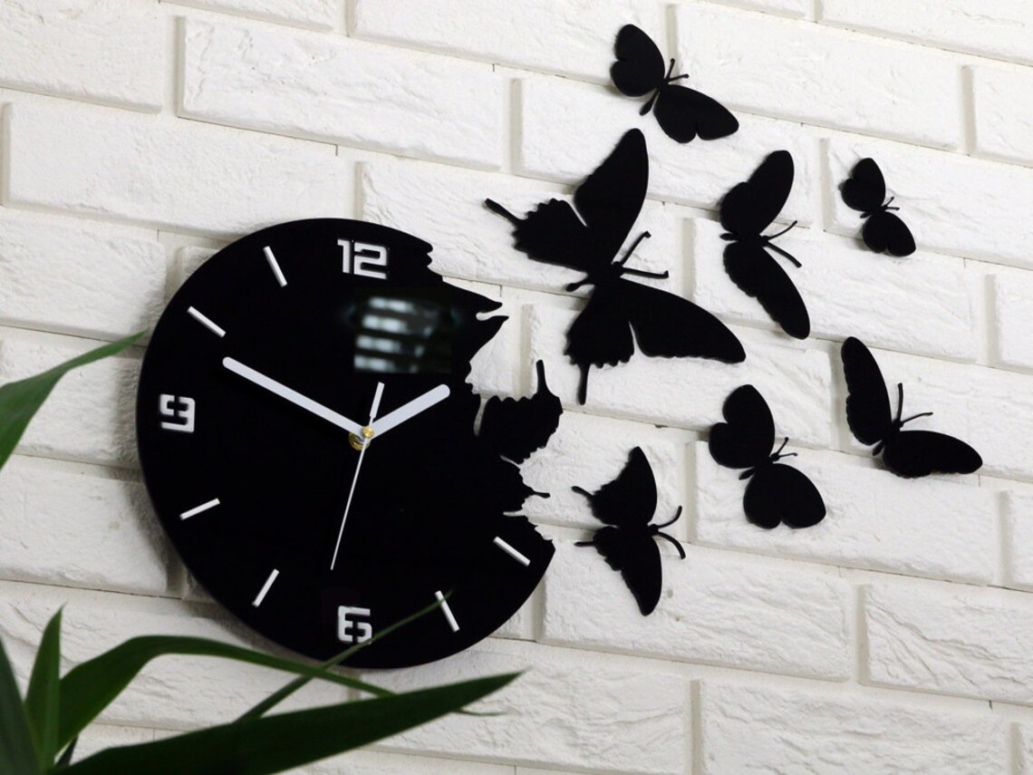 Wall Clock BUTTERFLY BLACK 3D Large Wall Clock Gift Wall Decor Unique