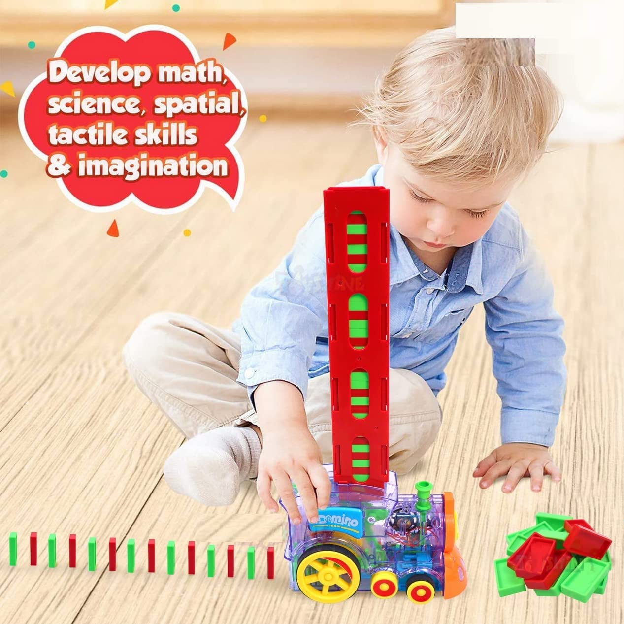 Automatic domino train Brick Laying Toy Train Domino Train Set with 60 PCS Domino Blocks toy for kids DIY Educational Toys For Children Fun and Colorful Train Engine With Light Sound Children's Toys