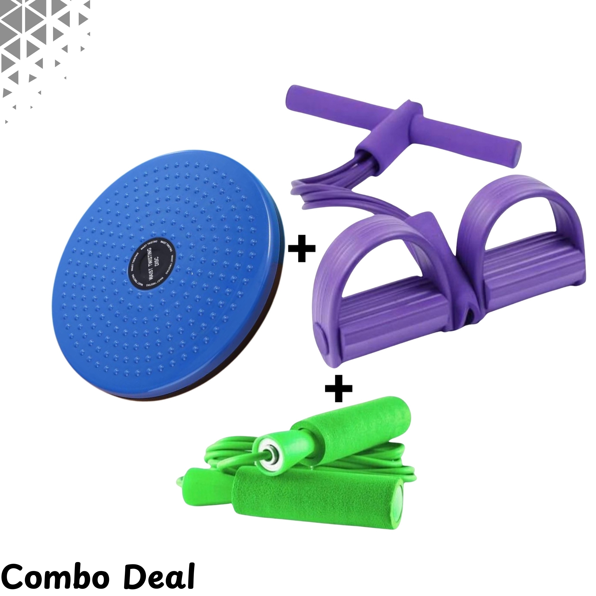 COMBO DEAL OF RUBBER TUMMY TRIMMER + COLORED TWISTER PLATE + JUMP ROPE FOR WORKOUT