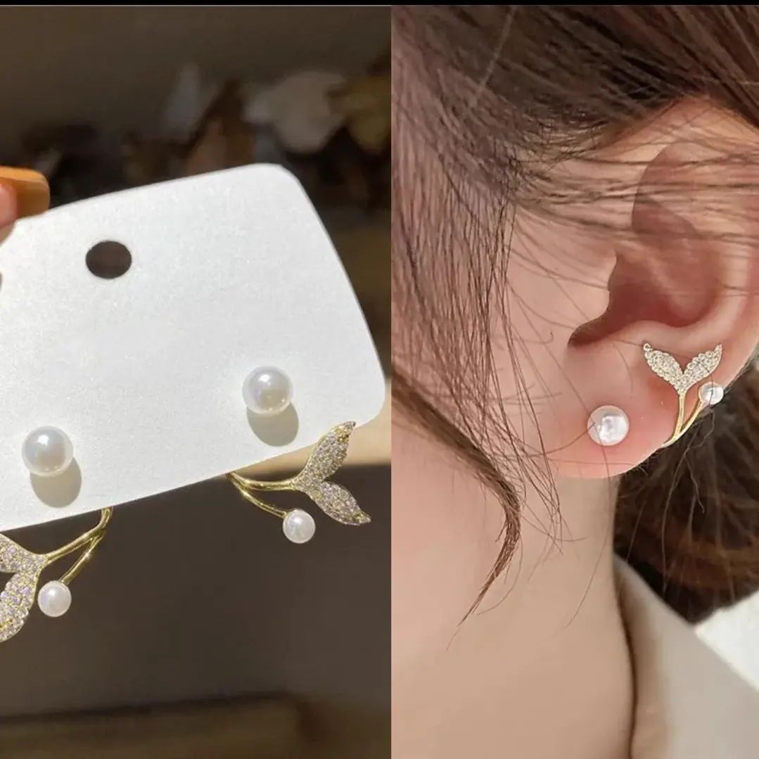 White Zircon FishTail & Pearl Korean Jewellery S925 Needle Beautiful Earings for Girls - New Design Korean Jewellery For Girls