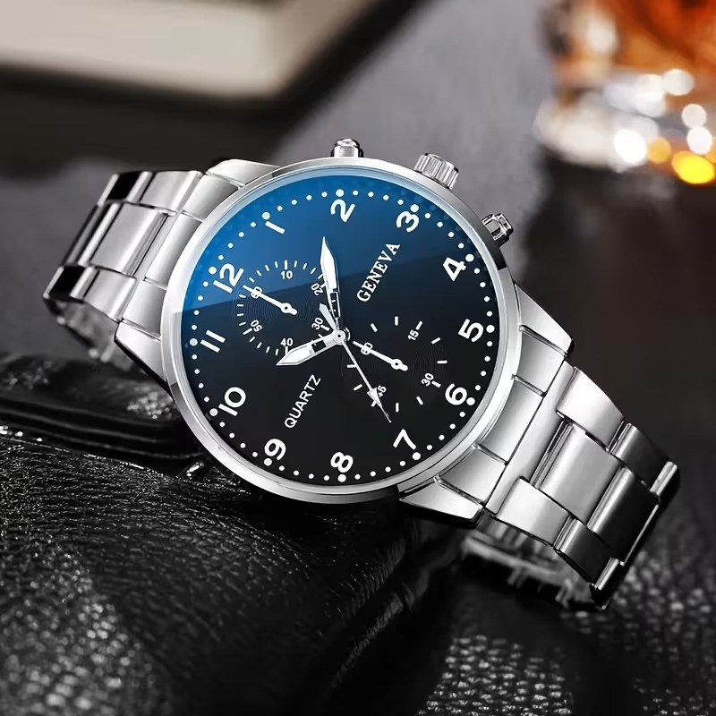 4PCS Men’s Fashion Quartz Watch & Accessories Set | Classic Round Dial Watch with Stainless Steel Strap | Gift Set – Silver & Black