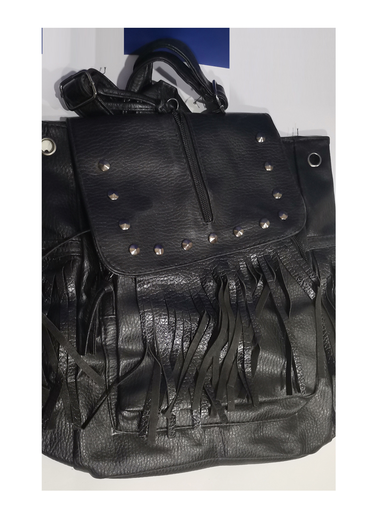 Stylish Black Faux Leather Backpack For Women - Textured Leather Bag Drawstring Daypack Medium