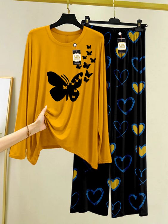 Multi Color BUTTERFLY Printed Nightwear Set With  Multi Printed Trousers – Women's Lounge Wear