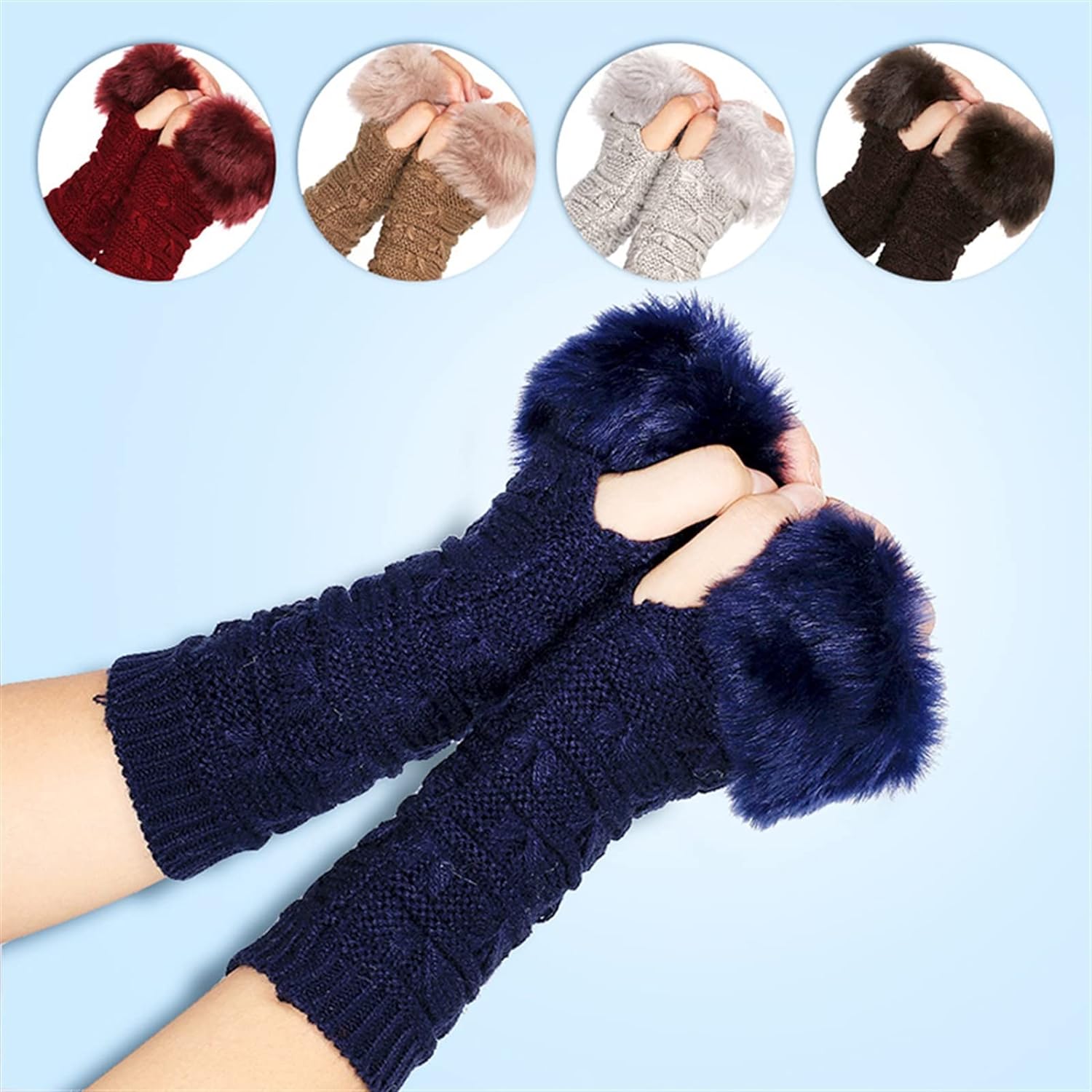 Fashion Women Faux Rabbit Fur Hand Wrist Warmer Winter Fingerless Knitted Gloves