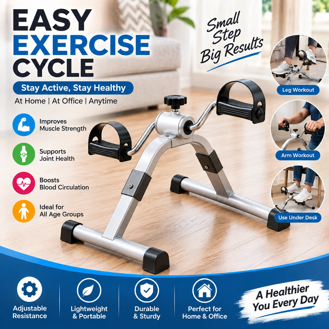 Pedal Exercise Cycle – Mini Exercise Bike with Adjustable Resistance, Portable Pedal Exerciser for Arm & Leg Workout, Home & Office Fitness