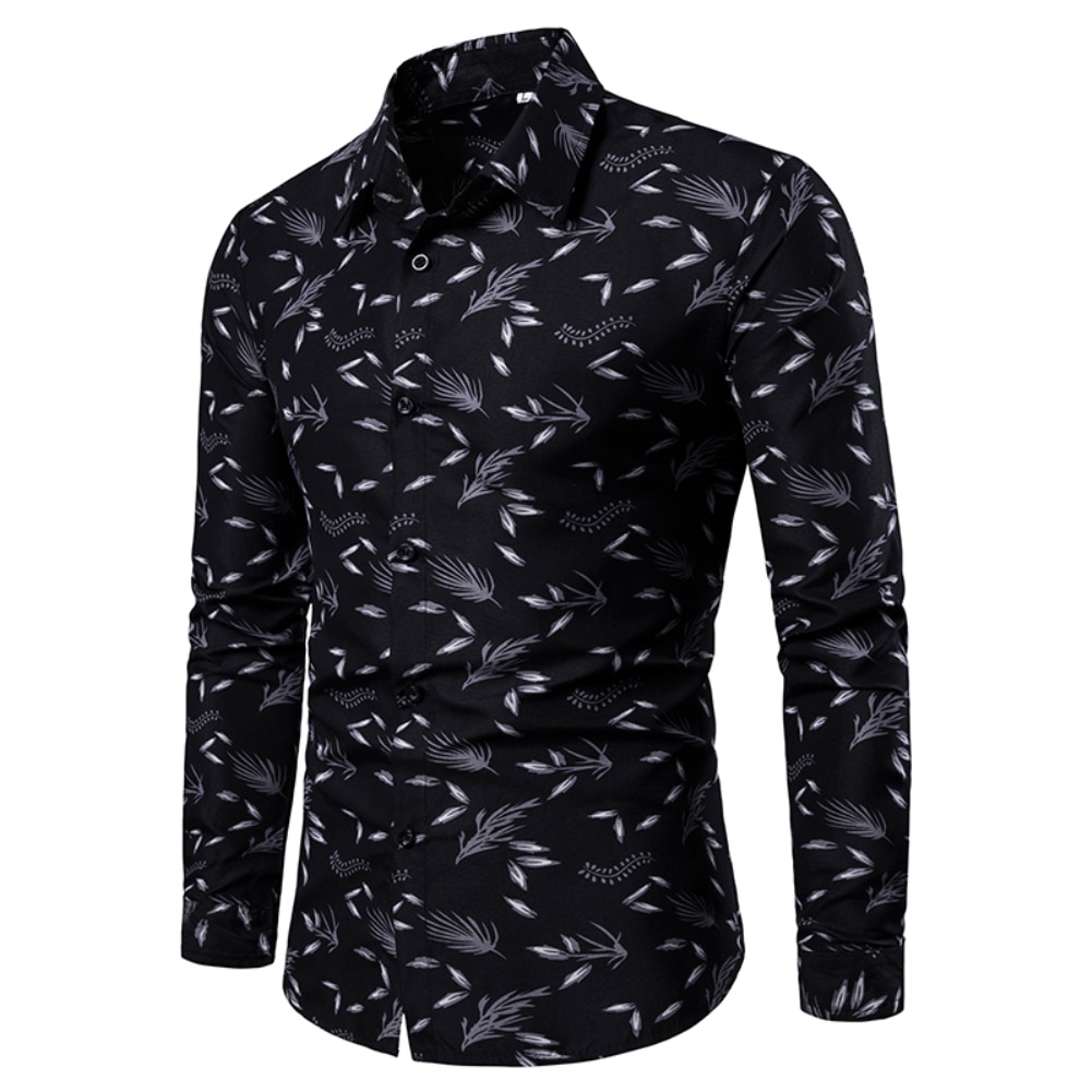 Down Collar Long Sleeve Leaf Print 