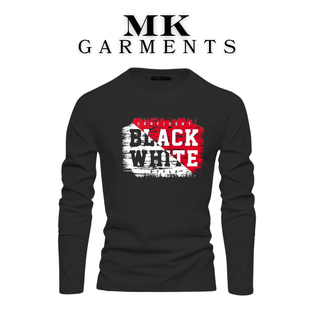 MK Garments - Black And White Printed Primium Full Sleeves Round Neck Casual Tshirt For Men And Boys