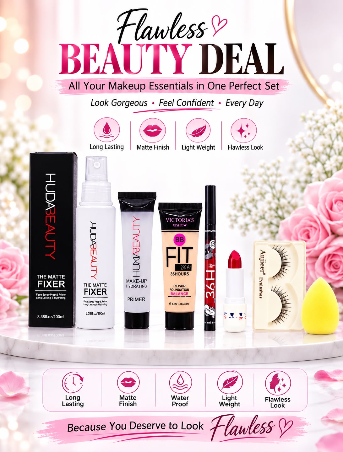 8 in 1 Flawless Beauty Makeup Deal | Matte Fixer + Primer + BB Cream + Eyeliner + Lipstick + Lashes + Sponge | Long Lasting Makeup Set