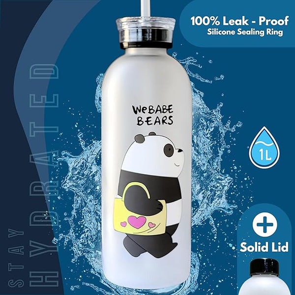 Water Bottles Cute Panda Bear Cup 1000ml With Straw Transparent Cartoon Water Bottle Drinkware Frosted Leak-proof Protein Shaker