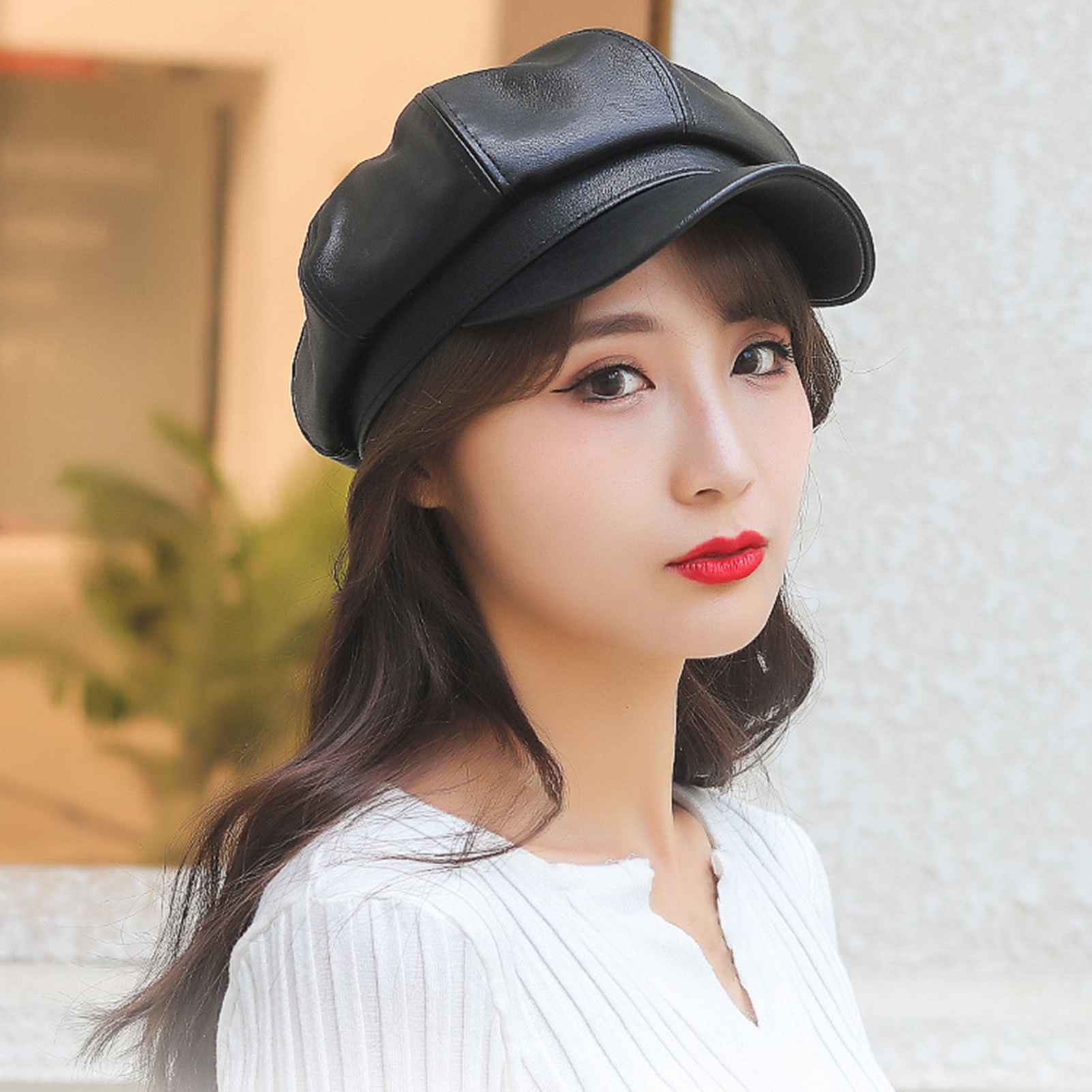 Autumn Black Brown Octagonal Baret Cap Real Leather Beret Hat For Women ...