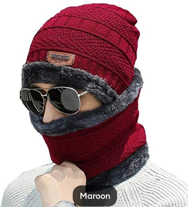2 Piece Winter Beanie Cap + Neck Warmer Set | Topi Hat Cap Neck Warmer Full Set Boys & Outdoor Use Warm Winter Cap for Bike Woolen Hat & Muffler for Men & Kids Winter Knitting Skull Cap and Neck Scarf Wool WarmFashion Warm knit Beanie.
