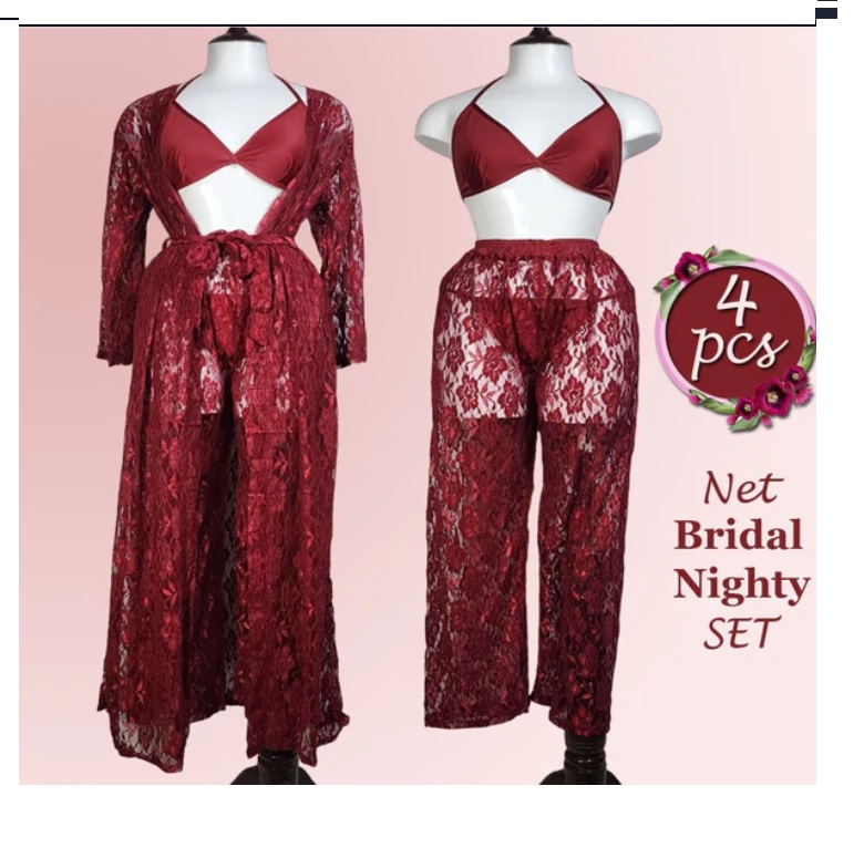 4 pcs High Qaulity Lace Net See Through Bridal Nighty Set Pratiharye Valentine Special! Babydoll Nightwear Net Robe/Chemise with Bikini Set | Hoot & Saxy | for Honeymoon/First Night Anniversary for Women/Girls.,.,