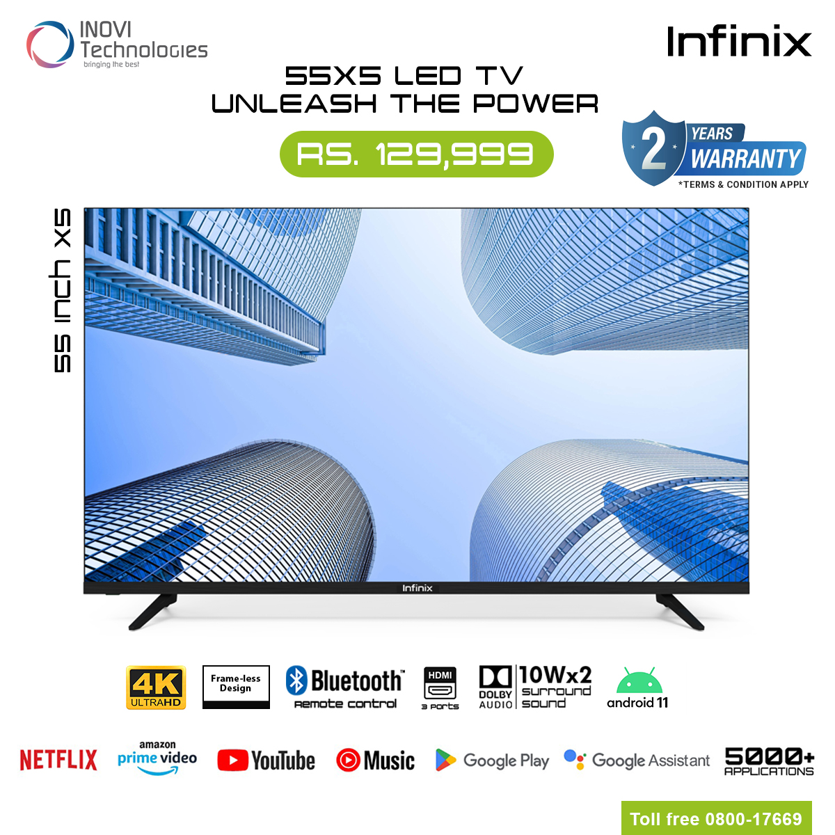 Infinix 55 Inch 4K Ulta HD (UHD) Android Smart LED Television With 2+1 ...