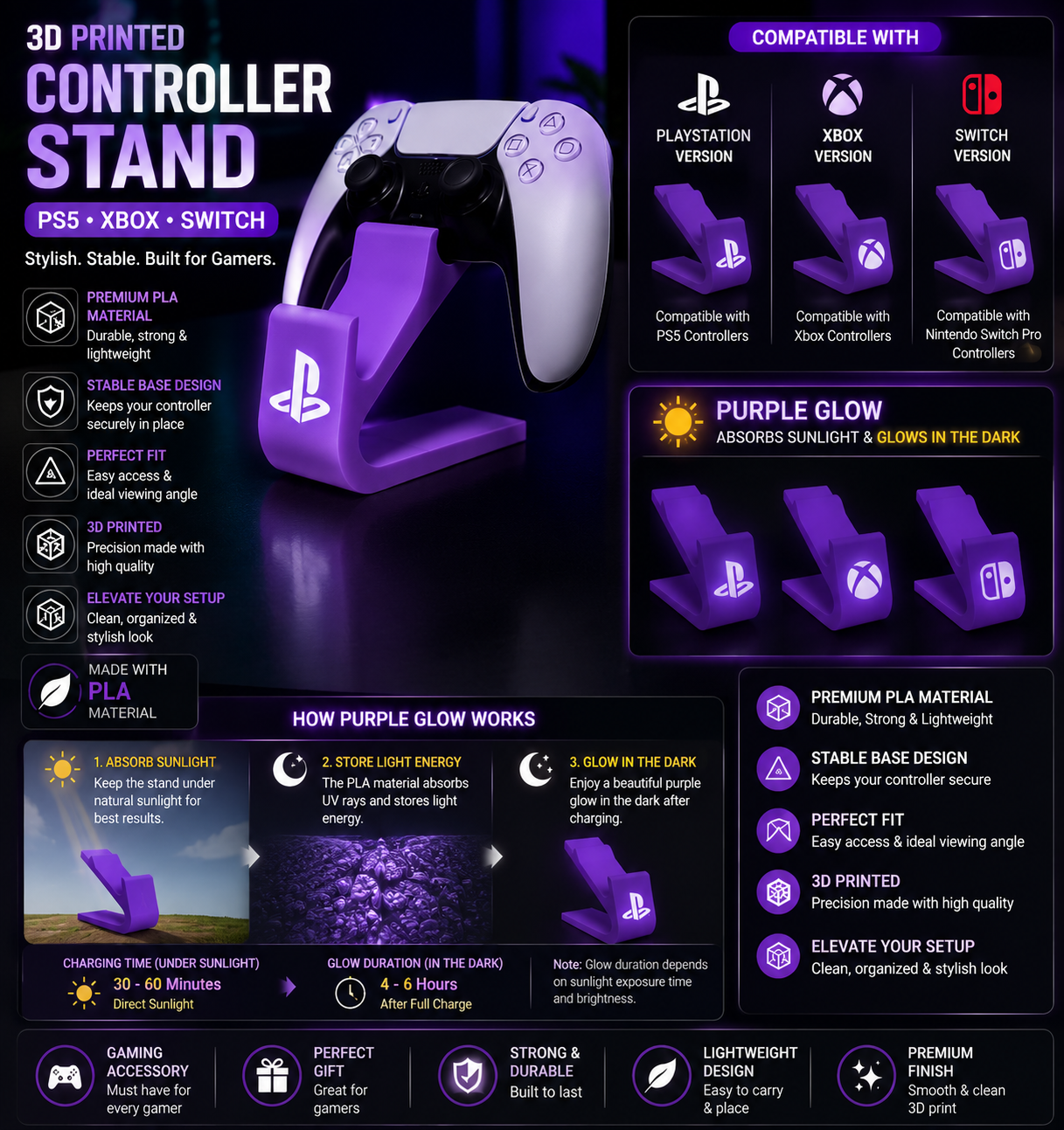 PS5 / Nintendo Switch & Xbox Controller Stand | Controller Holder with Logo | Gaming Display Stand | Dual Stand