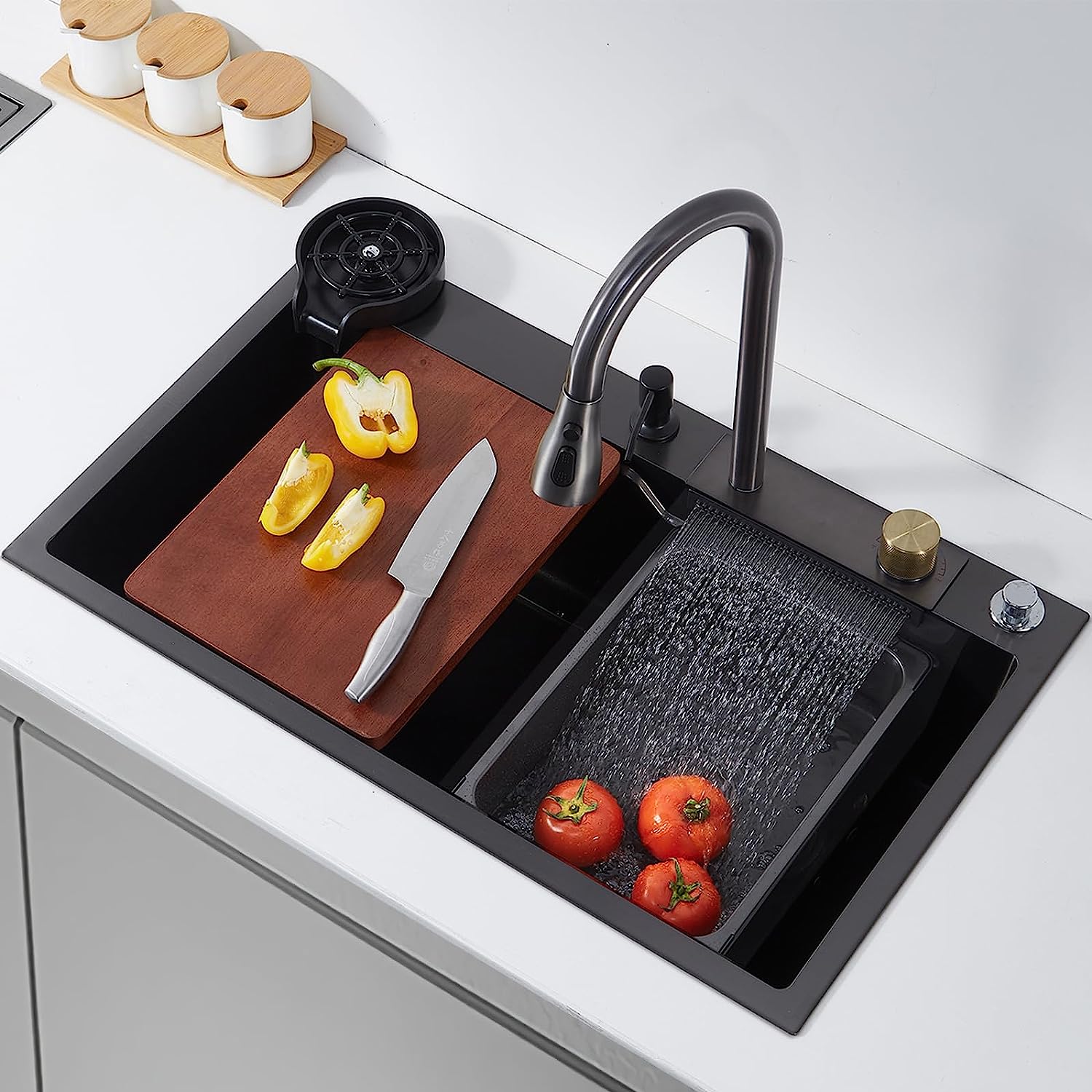 Black Waterfall Kitchen Sink 18 Gauge T304 Stainless Steel