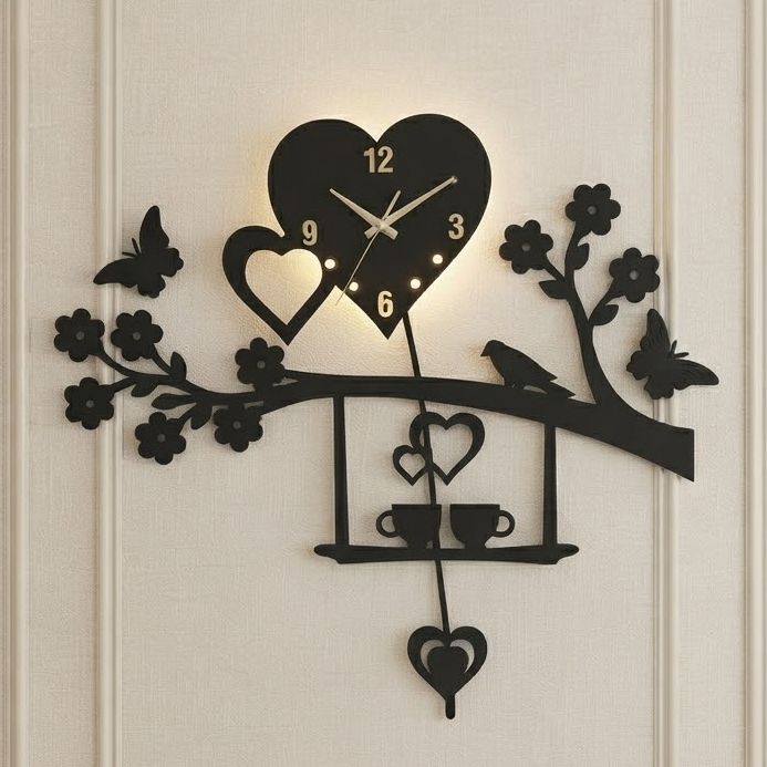 Reboch Decor Brand Birds Heart 3D Wooden Wall Clock I Wooden Wall Clock I Wall Clocks I Wall Clock For Bedroom I Wall Clock for Room I Wooden Wall Clock I Wooden Clock I Clocks I Clock