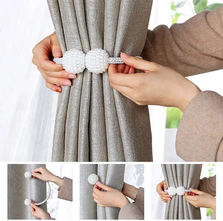 2 PCS Magnetic Pearl Curtain Buckle Magnetic Curtain Tiebacks Convenient Drape Tie European Style Decorative Weave Rope Curtain Rings & Buckles Holder for Window Sheer Blackout Draperies, Braided Straps Ball Buckles, Parday