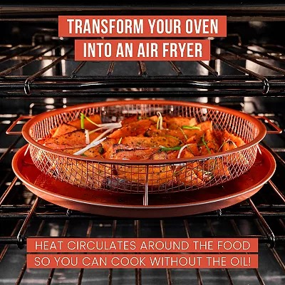 Copper Crisper Tray Round Air Fryer Tray For Oven Deluxe Air Fry In Your Oven 2-Piece Set, Air Fryer Baking Pan Air Fryer Basket For Oven