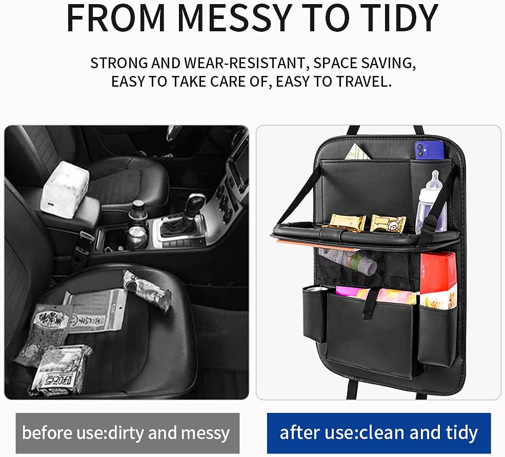 CAR BACK SEAT ORGANIZER WITH FOLDABLE TABLE TRAY, PU LEATHER CAR