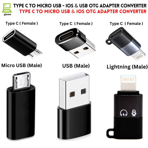 Type C Converter Adapter For Microphone - Type C to USB / Lightning / Android - 2.0 OTG Connector Mini Adapter - USB C Female to USB / Lightning / Android Male Convertor - Universal Compatibility With All Type C ports