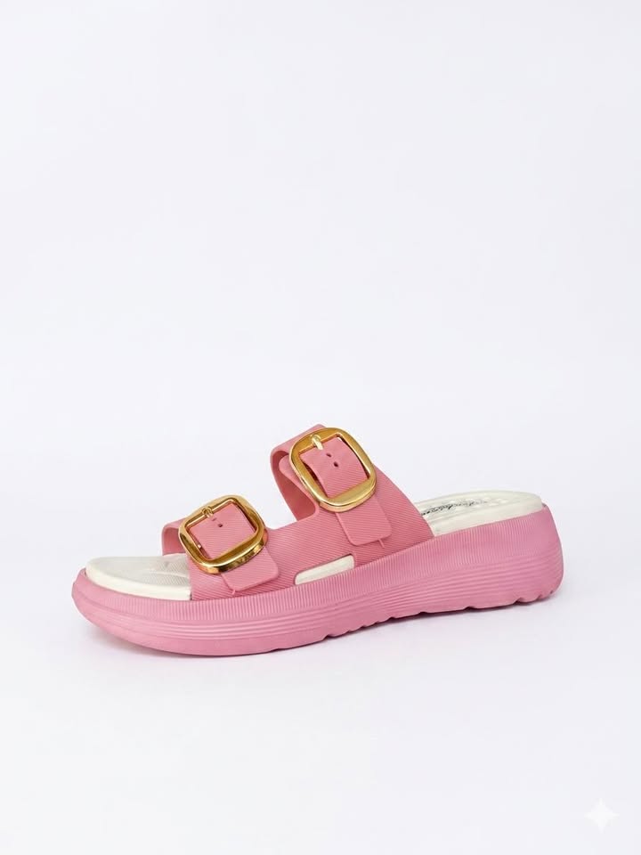 Women Double Buckle Sandals Casual Soft Platform Slippers Trendy Stylish Chappal for Girls Comfortable Summer Footwear Ladies Slip On Slides Fashion Wedge Sandals Lightweight Indoor Outdoor Pink