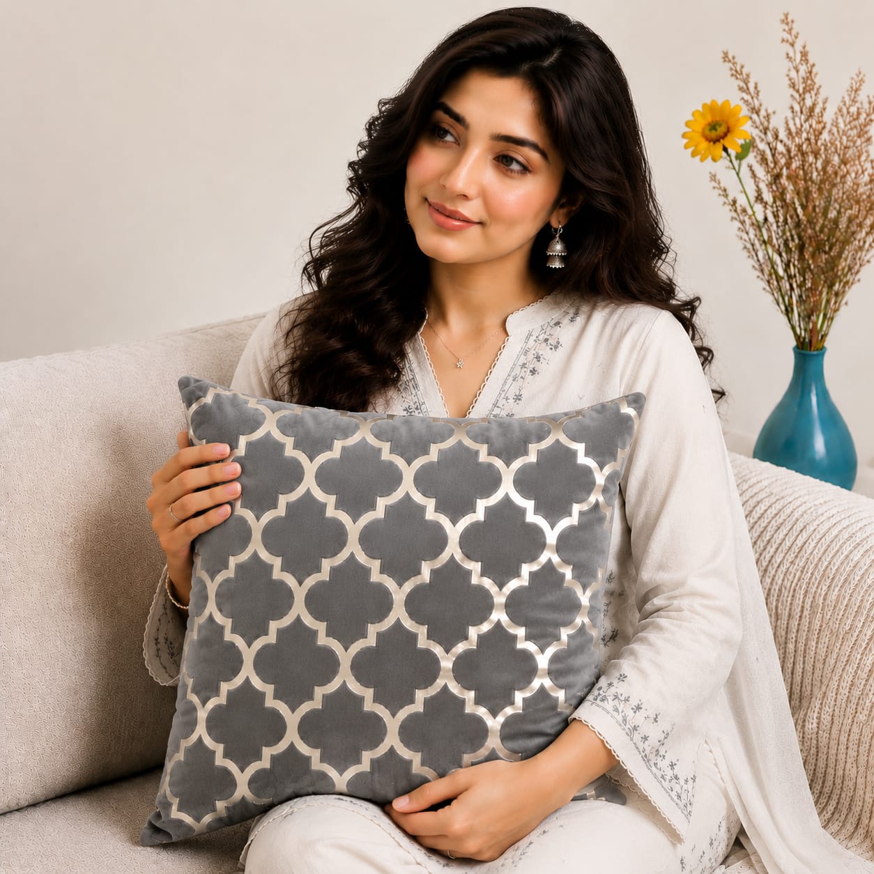 Elegant Geometric Pattern Velvet Cushion Cover 16x16 Inch Home Decor