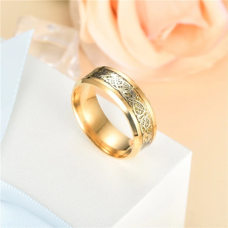 Men Jewelry Red Blue Black Dragon ECG Inlay Comfort Fit Stainless Steel Rings For Wedding Wide 8mm