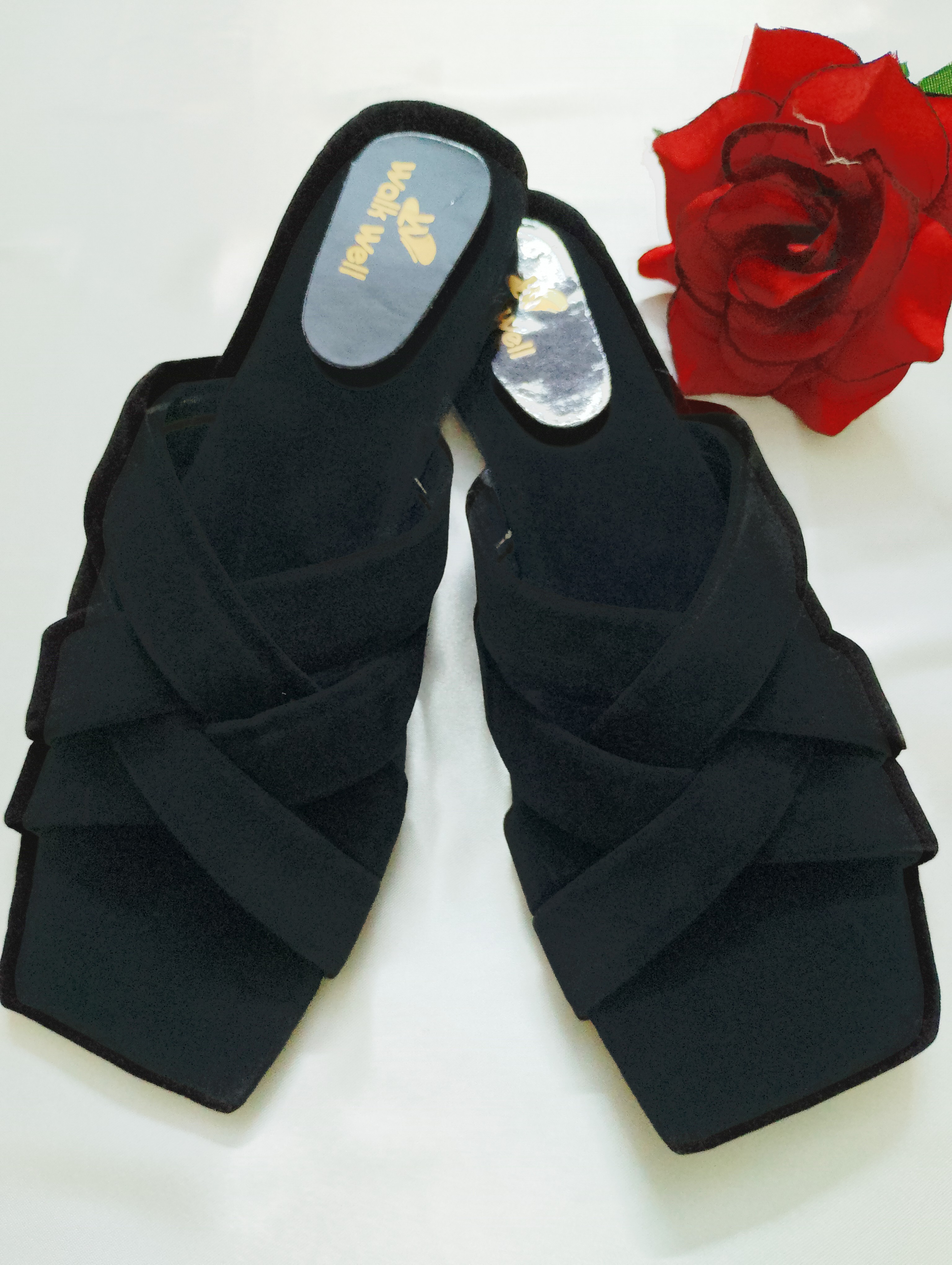 Ladies Black Velvet Slippers for Women Fancy Cross Strap Flat Sandals
