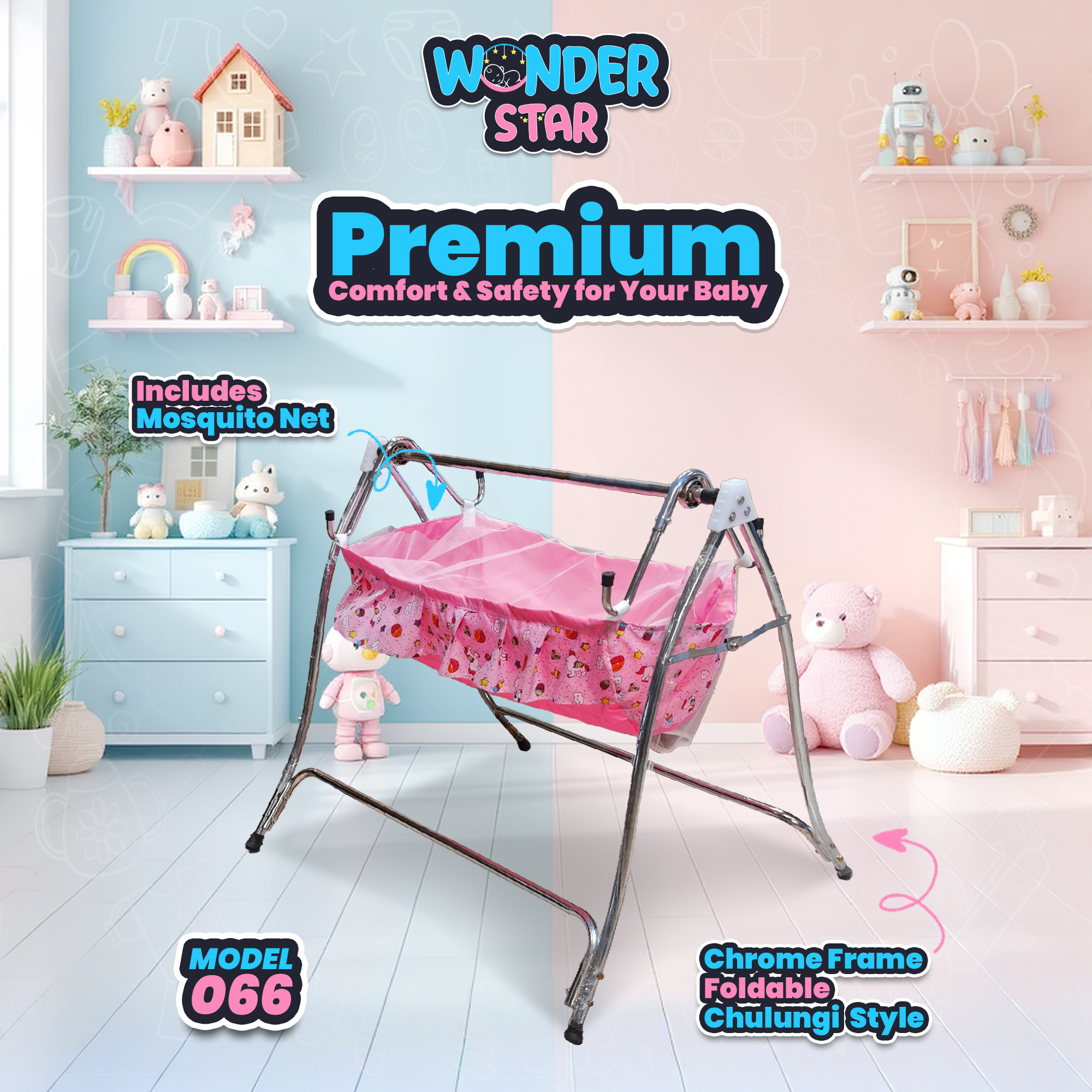 Wonder Star Premium Foldable Baby Cradle Jhoola | Chulungi Style with Mosquito Net | Portable Baby Cot | Chrome Coated Frame | Model 066