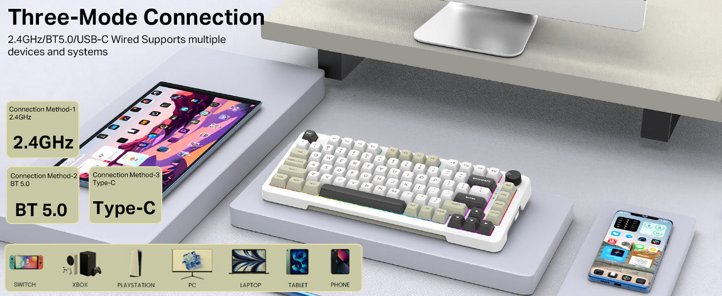 E-YOOSO Z-82 Tri-Mode Wireless 75% Gaming RGB Mechanical Keyboard Hot Swappable with Five-Layer Padding & Knob, Bluetooth/2.4GHz/USB-C, White Grey 19 a0c83ab77186a8a50728bb33f013bef0
