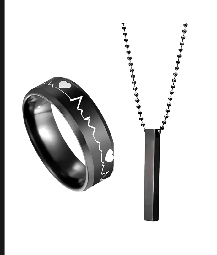 PACK OF 3 AMAZING NECKLACE DEAL FOR MEN | FASHION HIGH QUALITY BLACK BAR STICK NECKLACE + BLACK STAINLESS STEEL CHAIN BRACELET + BLACK TITANIUM STAINLESS STEEL HEARTBEAT RING FOR BOY AND MEN