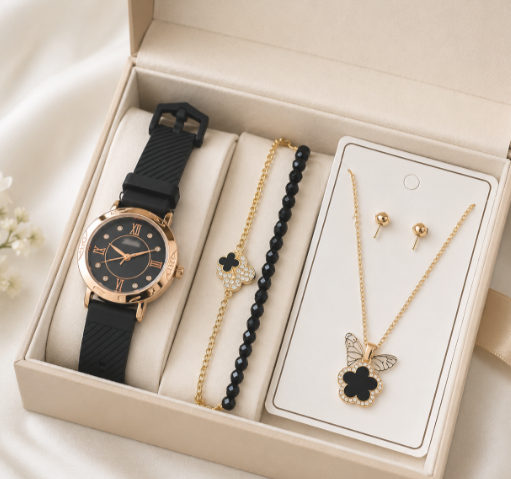 Ladies' Leather Strap Minimalist Quartz Watch & Jewelry Set (5 Pcs) box not included – Fashion Gift for Girls & Students